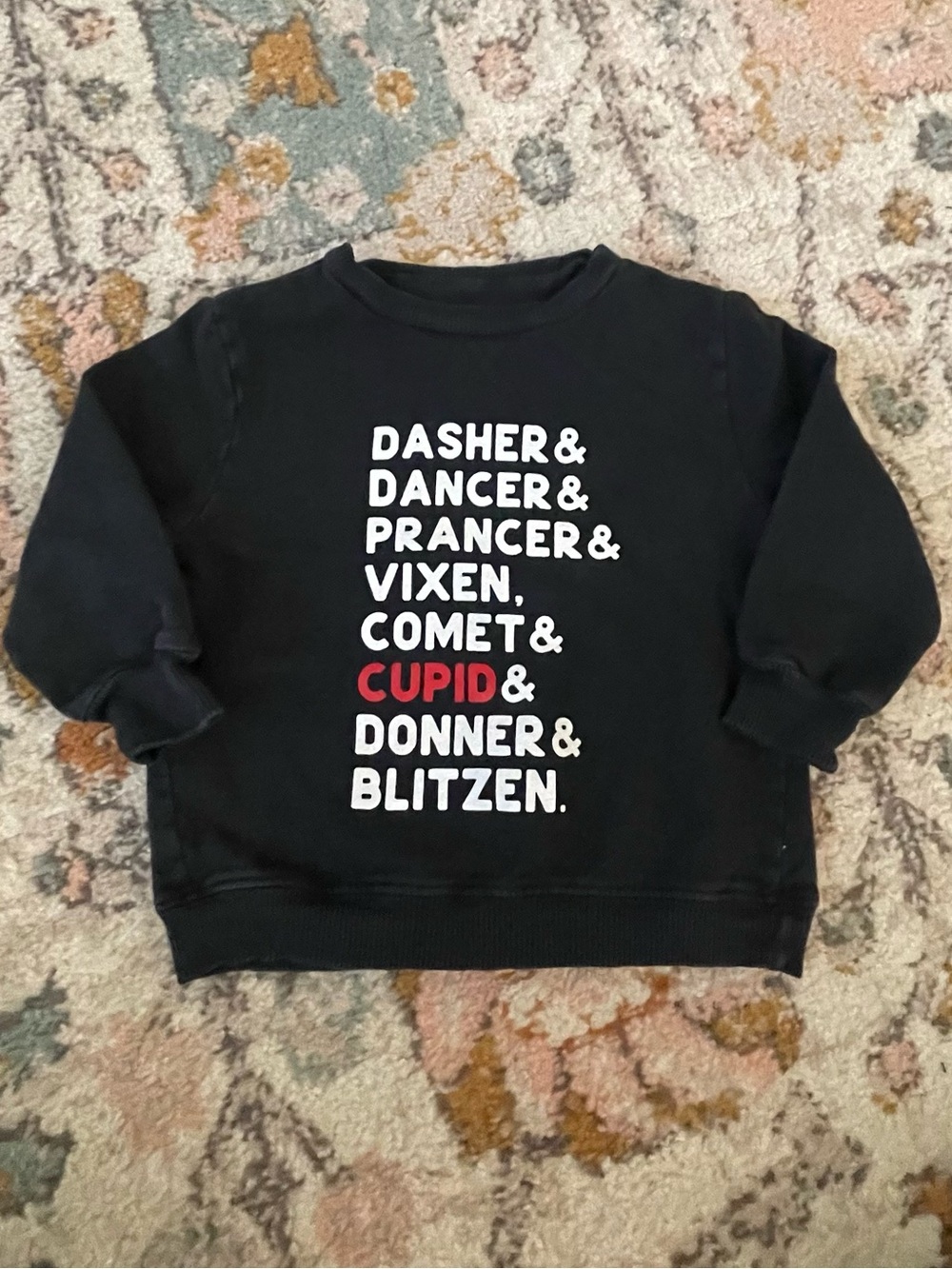 100% Cotton Black Crewneck Sweatshirt with Reindeer Names Print Christmas